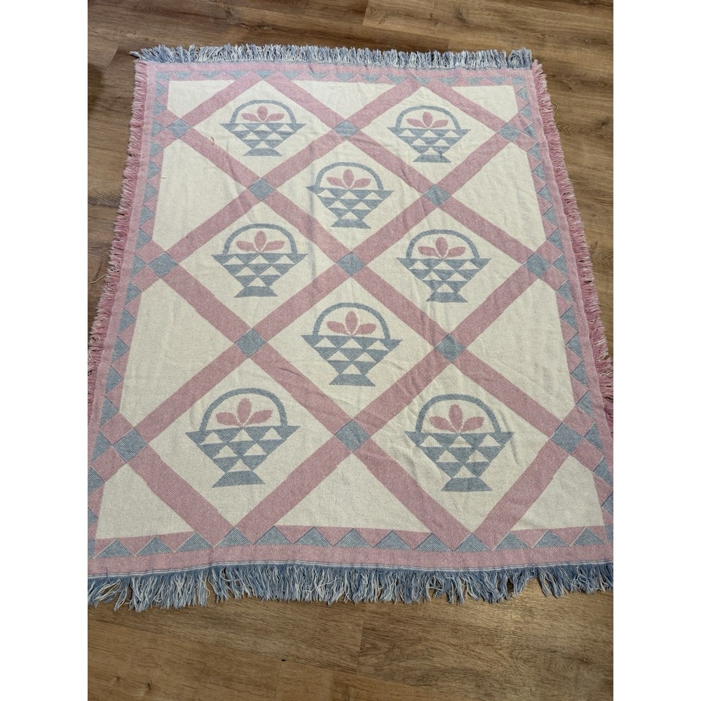 Vintage Pink & Blue Woven Throw Blanket Acorn Pinecone Pattern Fringe Cottage